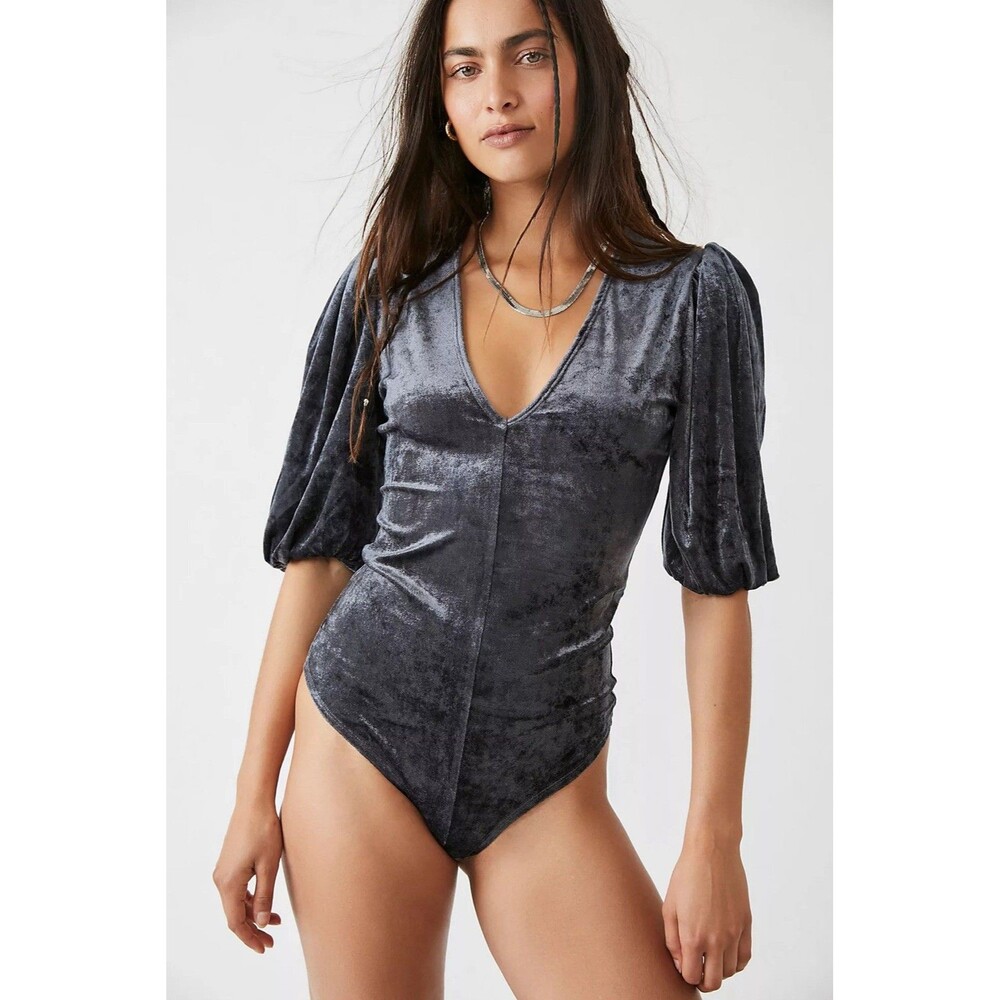 Intimately Free People Large Don't You Wish Gray Velvet Puff Sleeve Bodysuit EUC